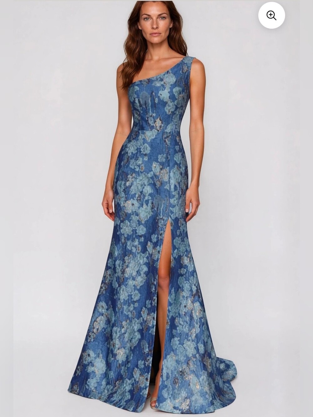 Rene Ruiz One Shoulder Floral Jacquard Fit And Flare Gown with Front Slit Size10